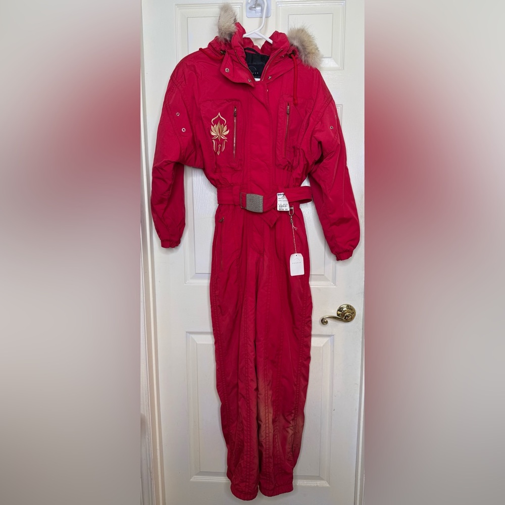 Vintage New Woman BOGNER Red Gold Fur Trim One Piece Ski Snow Suit Sz 6 USA NWT